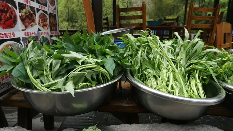 Two bowls of fresh green vegetables displayed outdoors